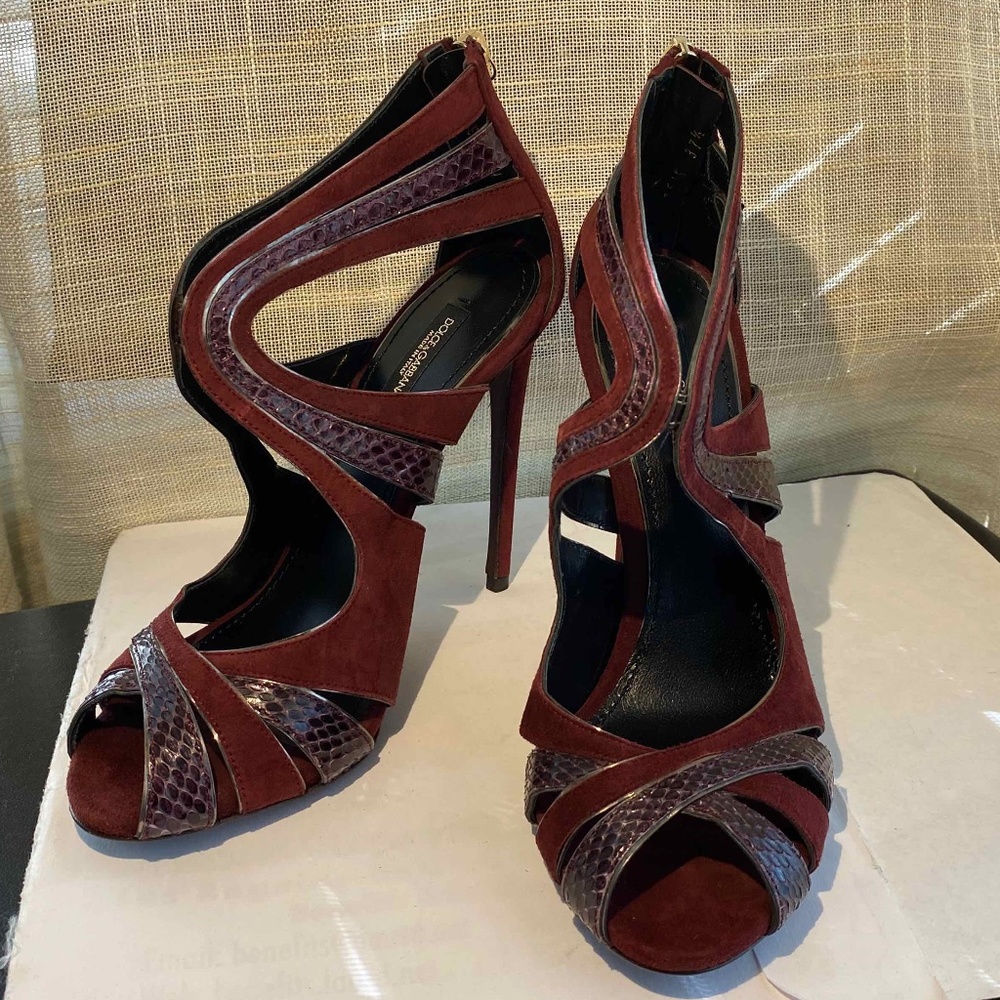 DOLCE & GABBANA BURGUNDY SUEDE LEATHER PUMPS HEELS ZIPPER 37.5-7.5 sandals mules